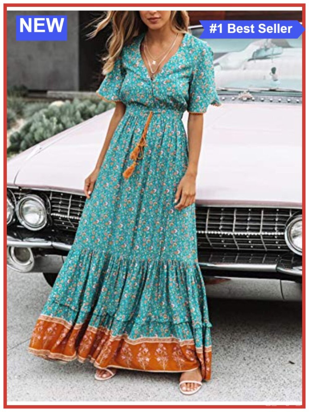 Womens Floral Print Boho Midi Dress V Neck Button Short Sleeve Rayon - Picture 2 of 6